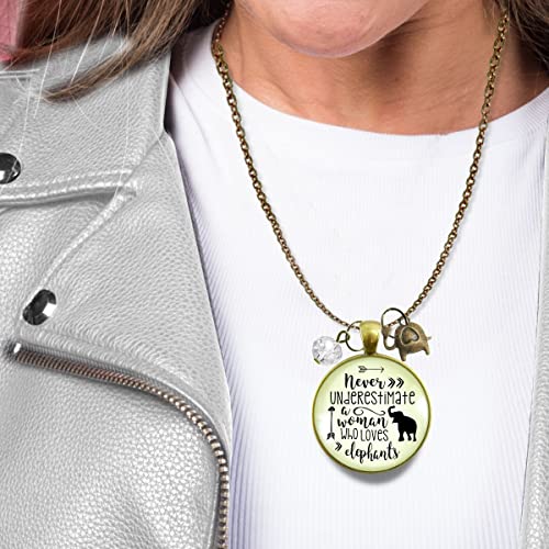 Elephant Necklace Never Underestimate Woman Who Loves, Bronze Bohemian Jewelry Animal Lover Charm For Women 24" Chain - Handmade Glass Mantra Pendant, Gift Packaged Safari Theme Message Card & Box #TOP6