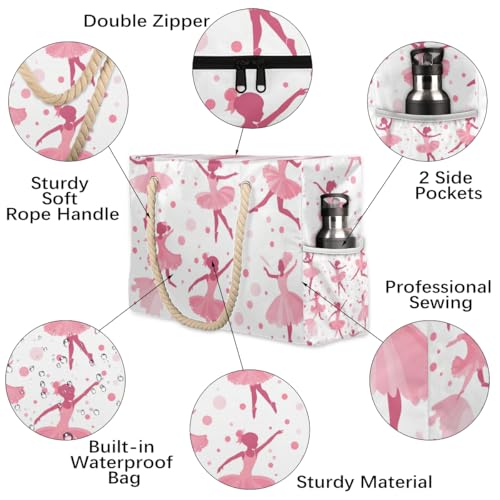 Cute Ballerina Beach Bag for Women Waterproof Pool Bag Sandproof Large Tote Bag with Wet Pocket Handbag with Zipper for Gym Beach Travel Work3