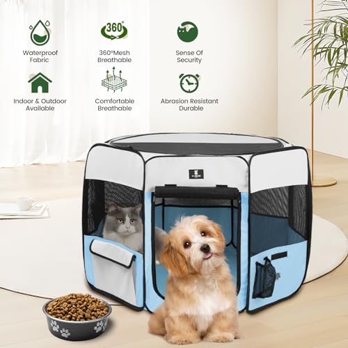 X-ZONE PET Dog Playpen Portable Pet Play Pens for Puppies, Cat, Rabbit, Chicks, Foldable Exercise Play Tent Kennel Crate, Indoor/Outdoor Travel Camping Blue Large