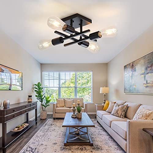 Eidonta Industrial 4-Light Semi Flush Mount Ceiling Light Fixture, Modern Black Chandelier Lighting, Farmhouse Sputnik Ceiling Lamp With E26 Bulb Base For Kitchen Bedroom Living Room Study Entryway #TOP6