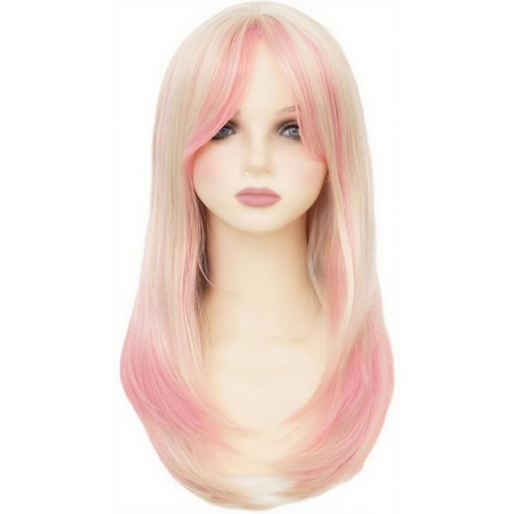 Salaibs Pink and Blonde Straight Long Wigs for Women Pink Middle Part Synthetic Fiber Hair Wig for Cosplay Costume Halloween Party Use - Image 2