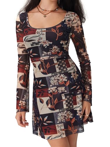 CIDER Women Bell Sleeve Floral Dress Y2k Boho Mesh Mini Dresses Bodycon Fall Fashion Going Out Party Date Night Outfit4