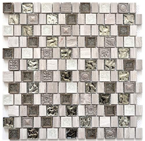 Piastrelle a mosaico traslucido in ceramica, gres bianco grigio e bianco, mosaico in vetro di cristallo di resina ceramica legno bianco MOS82-2002_f