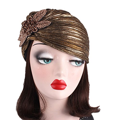 Women's 20S Gatsby Turban Hat Noble Ruffle Glitter Pleated Stretch Head Wraps Chemo Cap