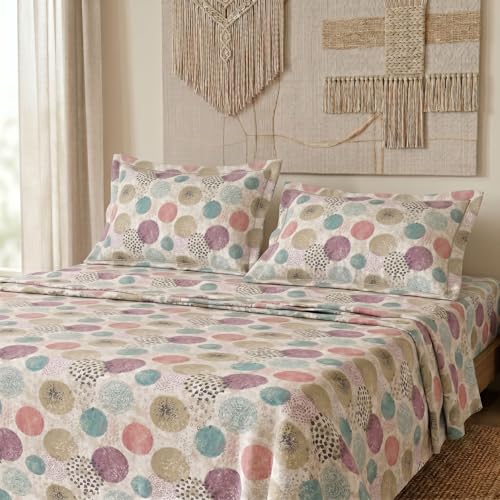 Image of LANE LINEN Symphony | 100% Cotton Sheet Set | Soft & Breathable Fabric | 3 Piece (1 Bedsheet + 2 Pillow Covers) | Super King Bed Sheet Set - Colorful Circle Pattern