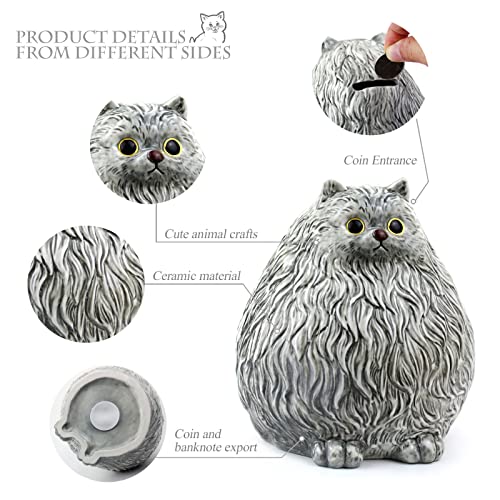 Image of Winsterch Ceramic Piggy Bank, Grey, Cute Cat Money Bank for Kids & Adults | 7.49 x 5.9 Inches, Large Capacity, Combines Educational and Decorative Functions, Saving Box Coin Bank Gift for Girls