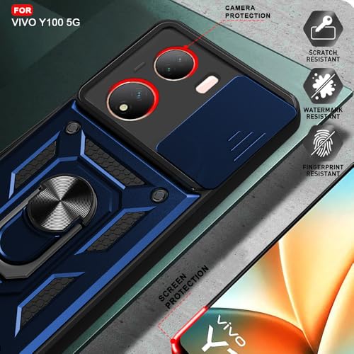 Image of AESTMO Tough Armor Vivo Y100 Bumper Back Case Cover | Ring Holder & Sliding Camera Shield Cover | 360 Degree Protection Back Case Cover for Vivo Y100 (Blue)