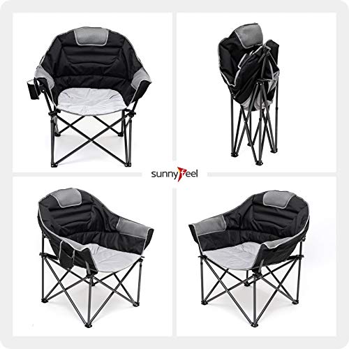 Sunnyfeel Oversized Heated Camping Chair, Padded Camp Chair Round Moon Saucer Folding Lawn Chair Outdoor Club Chair Heavy Duty 500 Lbs With Cup Holder, Armrest For Lounge Patio #TOP6