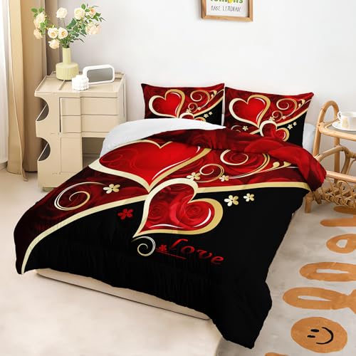 Image of AILONEN Red Rose Bedding Queen Size Couple Heart Love Comforter Set,Red and Black Comforter Set,Romantic Flower Bedding Set 3-Piece for Bedroom,1 Comforter with 2 Pillowcases