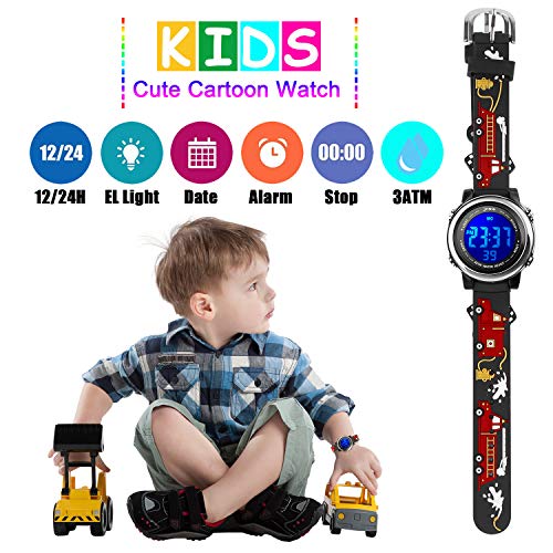 Kids Watch 3D Cartoon Toddler Wrist Digital Watch Waterproof 7 Color Lights with Alarm Stopwatch for 3-10 Year Boys Girls Little Child (Firetruck Black)2