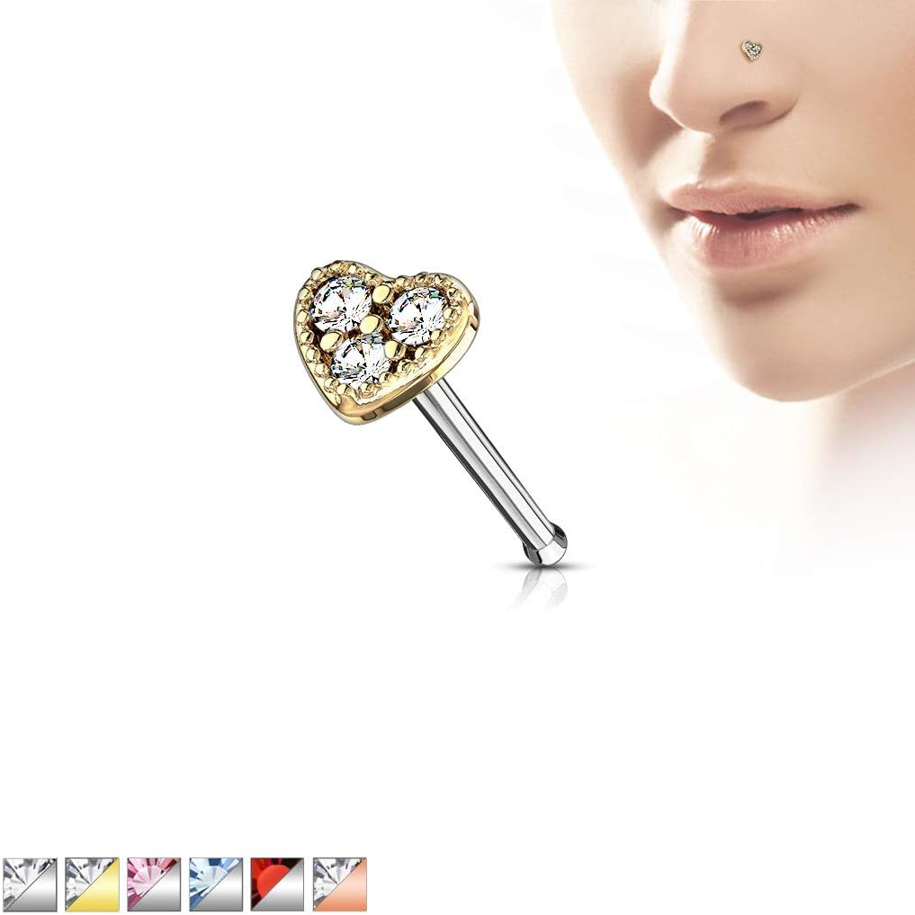 20 Gauge CZ Set Heart Nose Bone Stud 316L Surgical Steel (CHOOSE COLOR)