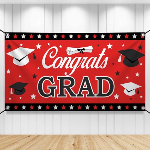 Image of Graduation Decorations 2026 | Red and Black Congrats Grad Banner - 72x44 Inch | Red Graduation Banner Class of 2026 | Grad Party Decorations Graduation Backdrop 2026, KatchOn