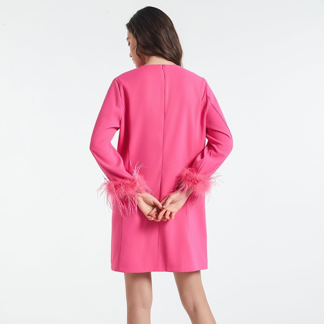 D-Sun Women Feather Dress Round Neck Casual 3/4 Feather Sleeves Party Dress Elegant Wedding Guest Cocktail Mini Dresses - Image 4