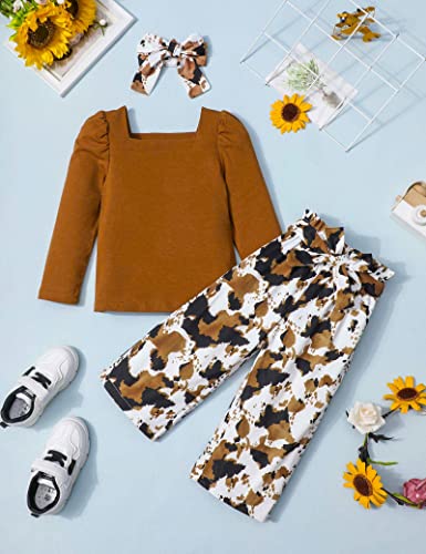 Image of Girl Clothes, Toddler Girl Clothes Square Neck Puff Long Sleeve Top Striped Pants Headband 3Pcs Fall Clothes Set