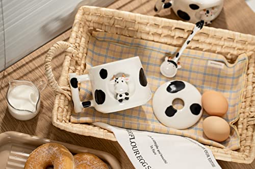 Image of DIHOclub Adorable 3D Ceramic Cow Mug with Lid and Spoon - Perfect for Coffee, Tea, Milk, and More - Ideal Gift for Animal Lovers Gift for Mather- 14 Ounces(BLack white)