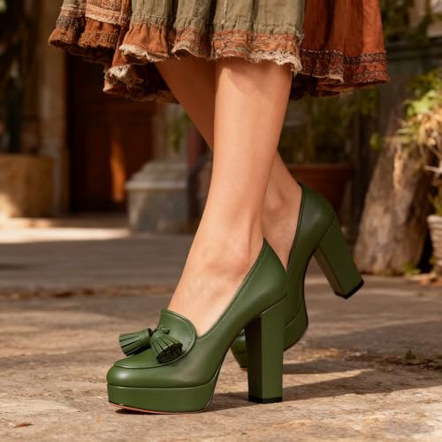 Image of SHODENSE Women Vintage Chunky Platform Loafers Pumps Tassel Round Closed Toe Slip On Suede Block High Heel Dress Loafer Shoes Buckle Strap Oxford Loafers Fringe Pump Dressy Chic Sexy Y2k 4-11 M US