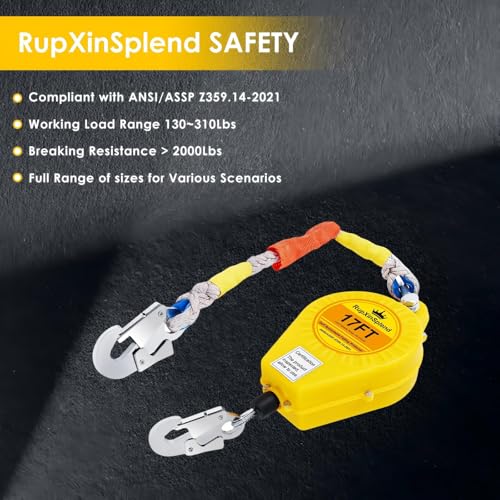Image of Fall Arrester Protector Self Retractable 17FT Fall Protection Gear Double Locking, Dual PPE+Alloy Steel housing Heavy Duty Lifeline Safety Lanyard Rope Cable Wire Roofing Construction