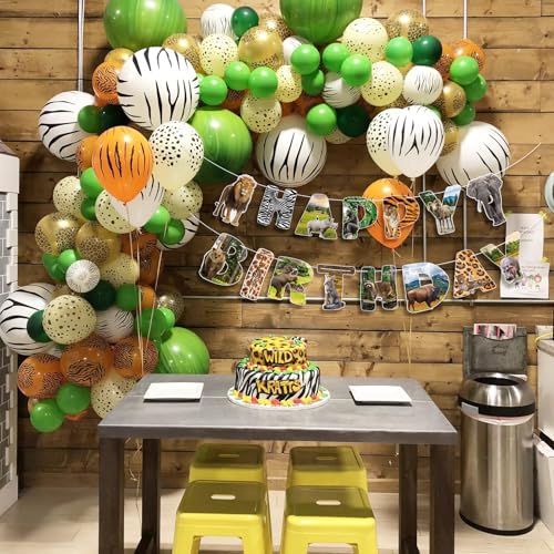 Image of Safari Animals Happy Birthday Banner Wild Jungle Birthday Party Decorations Wild One Animal Themed Bunting Sign for Kids Boy Girl 1st Bday Shower Party