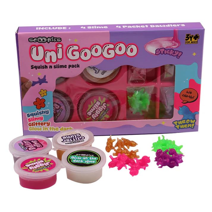 Scoobies Uni GooGoo Squish n Slime Pack, 4 Slimes with Butter, Glitter, Glow in The Dark, Jiggly Varieties, 20 Unicorn Dawdlers, Kids Sensory Toy Set-image-6
