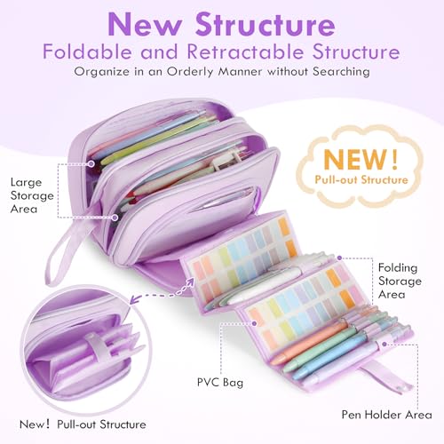 Image of Large Capacity Pencil Case with Pull-out Structure - Multifunctional Extra Big Pencil Pouch Pen bag, Portable Stationery Organizer with Zipper, Office School Supplies for Boys Girls, Purple