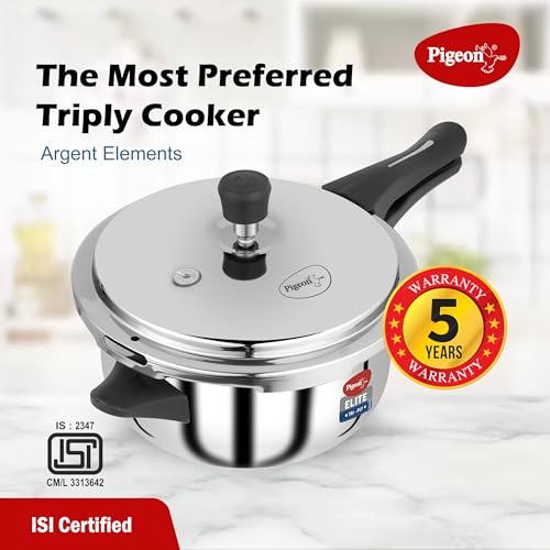 Image of Pigeon By Stovekraft Elite Shine 3.5Liters Tri-Ply Body Outer Lid Pressure Cooker Induction And Gas Stove Compatible That Distributes Heat Evenly For Uniform Cooking (Stainless Steel, Silver)