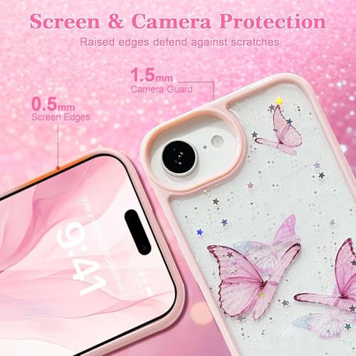 Image of VONZEE for iPhone 17e /iPhone 16e Clear Glitter Butterfly Case, Cute Bling Sparkle Shiny Soft TPU Women Girls Slim Protective Phone Cover for iPhone16E,Pink