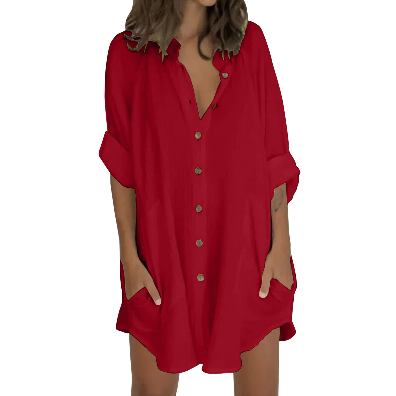 Womens Button Down Shirts Dress Plain Loose Casual Oversized Cotton Blouses V Neck Fashion Tunic Dresses Summer 2025 Cover Up Holiday Beach Shirt with Pocket