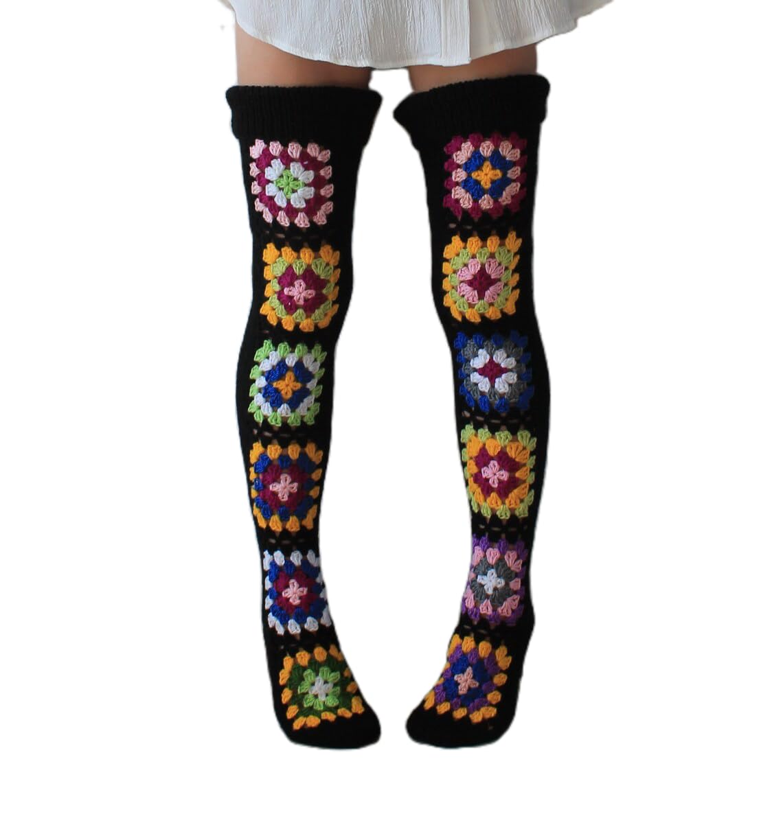 FEORJGP Womens Granny Square Over Knee High Socks Crochet Knitted Stockings Tube Long Leg Warmers Cable Thigh High Boot Socks