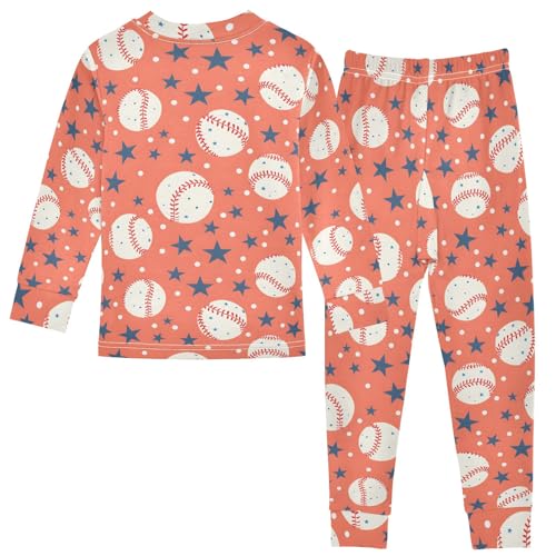 Baseballs with Stars Red Pattern Cute Pajama Sets Long Sleeve Top and Pants, Snug Fit Sleepwear for Night Wears2