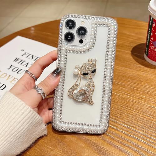 Image of COVERLY Luxury 3D Rhinestone Pearl Diamond Bling Kitty Phone Case for iPhone 15 Pro Max - Sparkle DIY Handmade Crystal Design, Soft Fashion Protective Case with Adorable Phone Charm for Women & Girls