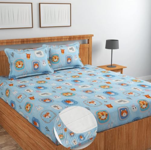 Image of NEW LEAF Cotton Fitted King Size Double Bedsheets with 2 Pillow Covers | Elastic Fitted | Wrinklefree | Ultrasoft |All Season Bedsheet 220 tc tc Floral | 78 x 72+8 Inches, Sky Blue