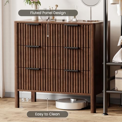 Image of 31 inch Wide Fluted 3 Drawer Dresser for Bedroom, Wooden Dresser Modern Chest of Drawers End Table Dressers with Organizer Storage for Bedroom, Living Room, Entryway, Walnut
