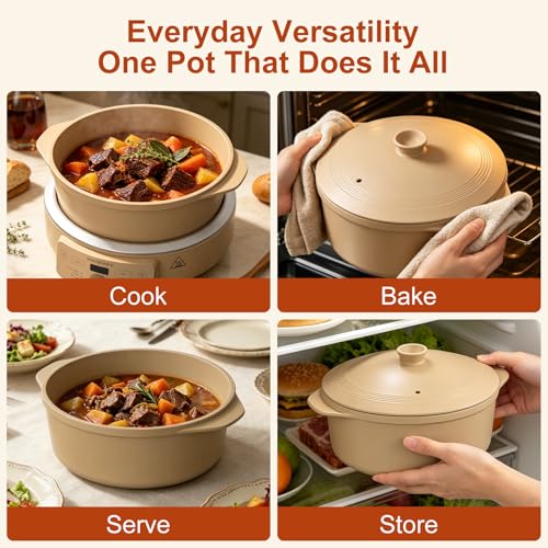 Image of MAGNIFIQUE Slow Cooker, 4.5 Quart 8-in-1 Clay Pot Multi-Cooker, Non-Toxic Slow Cooker with Removable Clay Pot, for Rice, Pasta, Steam & Proof, Nonstick, Oven Safe Pot to 500F, Brown