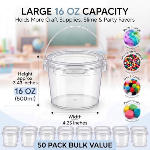 Image of Maxcheck 50 Pcs Containers Bulk with Lids and Handles Clear Plastic Storage Bucket Containers Mini Storage Case for DIY Party Art Craft Pigment Dough Cotton Candy Lotion Small Tools (16oz,Clear)