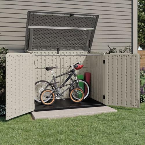 Suncast 5.9 ft. x 3.7 ft Horizontal Stow-Away Storage Shed - Natural Wood-like Outdoor Storage for Trash Cans and Yard Tools - All-Weather Resin, Hinged Lid, Reinforced Floor - Vanilla and Stoney