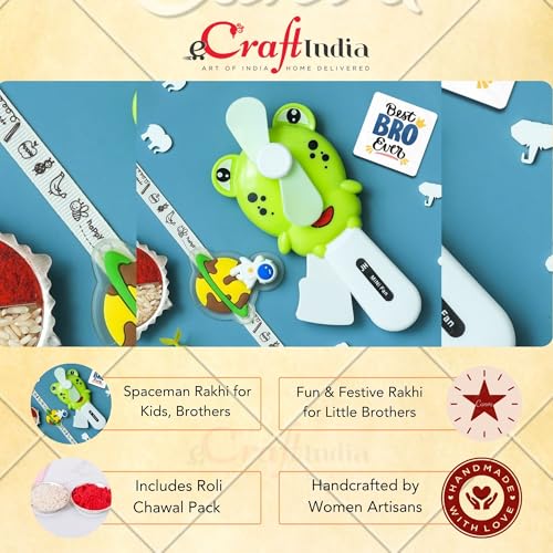 Image of eCraftIndia Spaceman Rakhi for Kids with Best Bro Ever Fridge Magnet | Kids Rakhi for Brother Bhaiya Bhai | Mini Fan Gift | Roli Chawal Pack