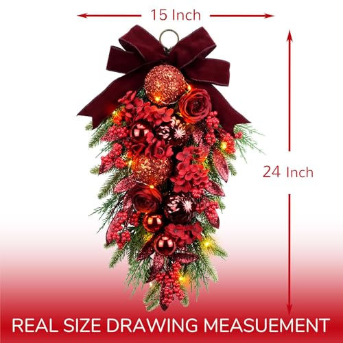YULETIME 61 cm beleuchtete, dekorative Tropfengirlande, batteriebetriebene Girlande mit Lichterkette (Rote Hortensie) – Ansicht 4