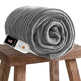 GOTCOZY Heated Blanket Electric Throw - Ribbed Faux Fur Electric Blanket, 130x160cm Heating Blanket with 10 Time Settings & 6 Heat Settings,Overheat Protection Machine Washable(Gray)