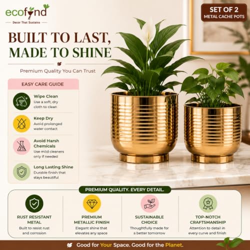 Image of ecofynd 2 Pack Metal Plant Pots (7 inch, 8 inch L), Indoor Small Planter Flower Pots, Home Garden Decor Planter for Living Room Bedroom Interior (Gold Finish, POT049)
