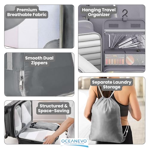Image of OCEANEVO Set of 10 Pcs Packing Cubes for Travel | Includes Luggage Tag and Toothbrush Holder | Suitcase Organizer for Travelling for Clothes, Shoes and Lingerie | Model 3.0 - Grey - 1 Year Warranty