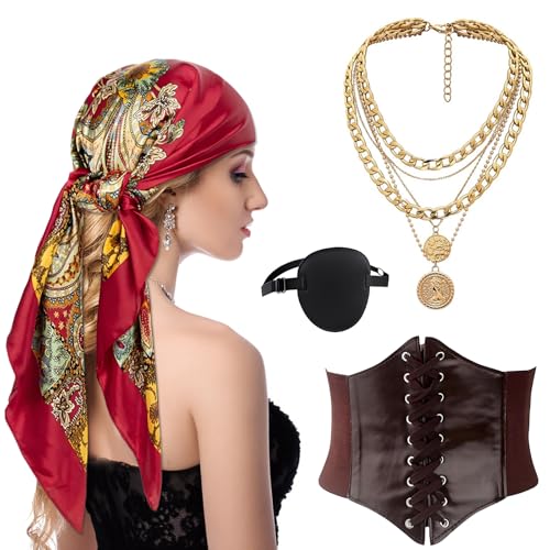 Complementos Disfraz Pirata, 4 PCS Accesorios Pirata Mujer, Accesorios Disfraz Piratas con Pañuelo Piratas, Parche Negra, Corsé de Mujer, Collar Dorado para Halloween, Carnaval, Mascarada (D)