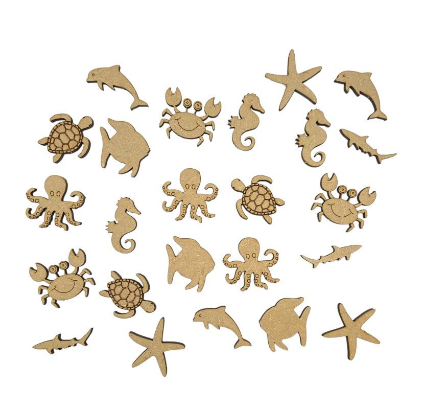 24pc Sea Life Marine Ocean Octopus Fish Turtle Crab Shark Dolphin Starfish Seahorse MDF Laser Cut Shapes Craft