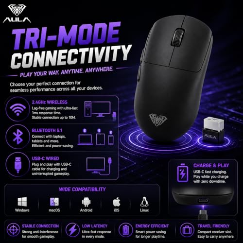 Image of AULA SC800 Tri-Mode Wireless 2.4G /Wired /Bluetooth Ultra-Lightweight Gaming Mouse | 37grams, Adjustable 26000 DPI, PAW3395 Sensor, 8000 Polling Rate, Ultra-Precise & Durable for Gaming | Black (SC800B)