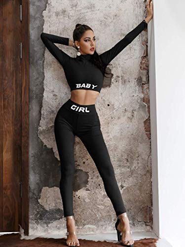 Lovinchic Women's Workout Sets 2 Pieces Outfits Tracksuit High Waist Yoga Leggings and Long Sleeve Crop Top Black 4-6