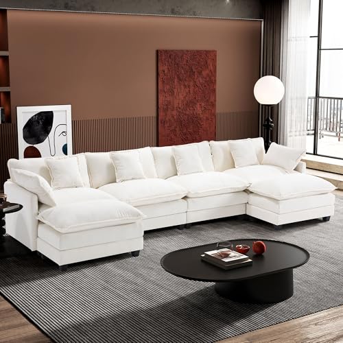 Image of Ihanherry 146 inch U-Shaped Modern Sofa Modular Sectional Cloud Couch with 2 Ottoman, 6-Seat Chenille Deep Seat Sofa with 6 Pillows for Living Room, Bedroom and Apartment, Beige