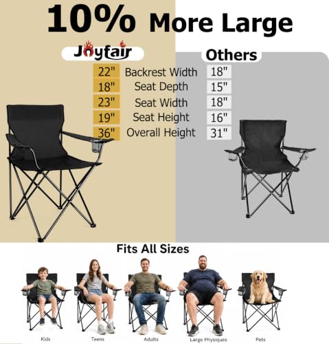 Image of Portable Camping Chair Set of 2, Joyfair Outdoor Lawn Folding Chairs for Adults, Heavy Duty Large Foldable Chairs for Beach, Fishing, Tailgating and More Outdoor Sports, Carry Bag & Cup Holders, Black