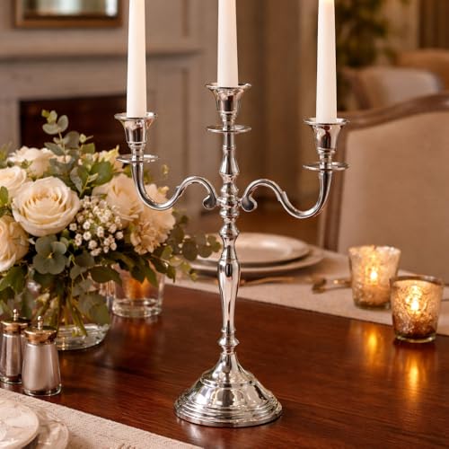 Image of 3 Arm Silver Candelabra Candle Holder | 16 Inch Tall Metal Candlestick Stand | Electroplated Finish | Dining Table, Living Room & Wedding Decor | 11.5 x 4.75 x 16inch