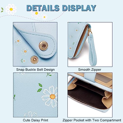 Sunwel Fashion Cute Daisy Flowers Print Wallets with Exterior Zipper Around Coin Purse Bifold Bill Wallet with Credit Card Holder Id Window (BLUE)4