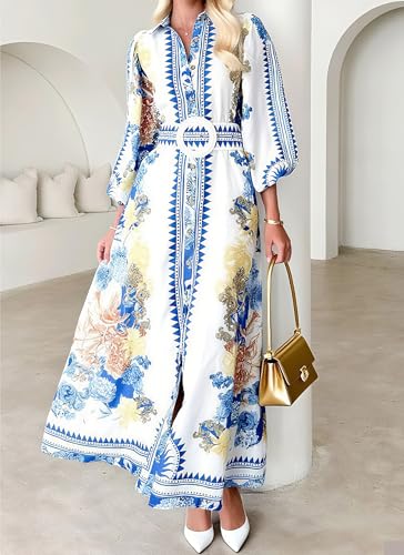 Womens Blue Button Down Shirt Dress Autumn Lapel Neck Lantern Sleeve Boho Outdoor Ceremony Maxi Dresses with Belt2