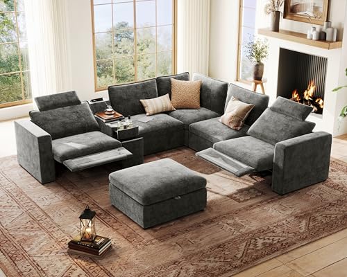 Image of Oversized Modular Power Recliner Sofa Wall Hugger, Cloud Reclining Couch with Headrest, Storage Ottoman, Drawer Charging Cup Holder, Deep L-Shaped 6 Seater with Dual Electric Recliner, Chenille, Grey